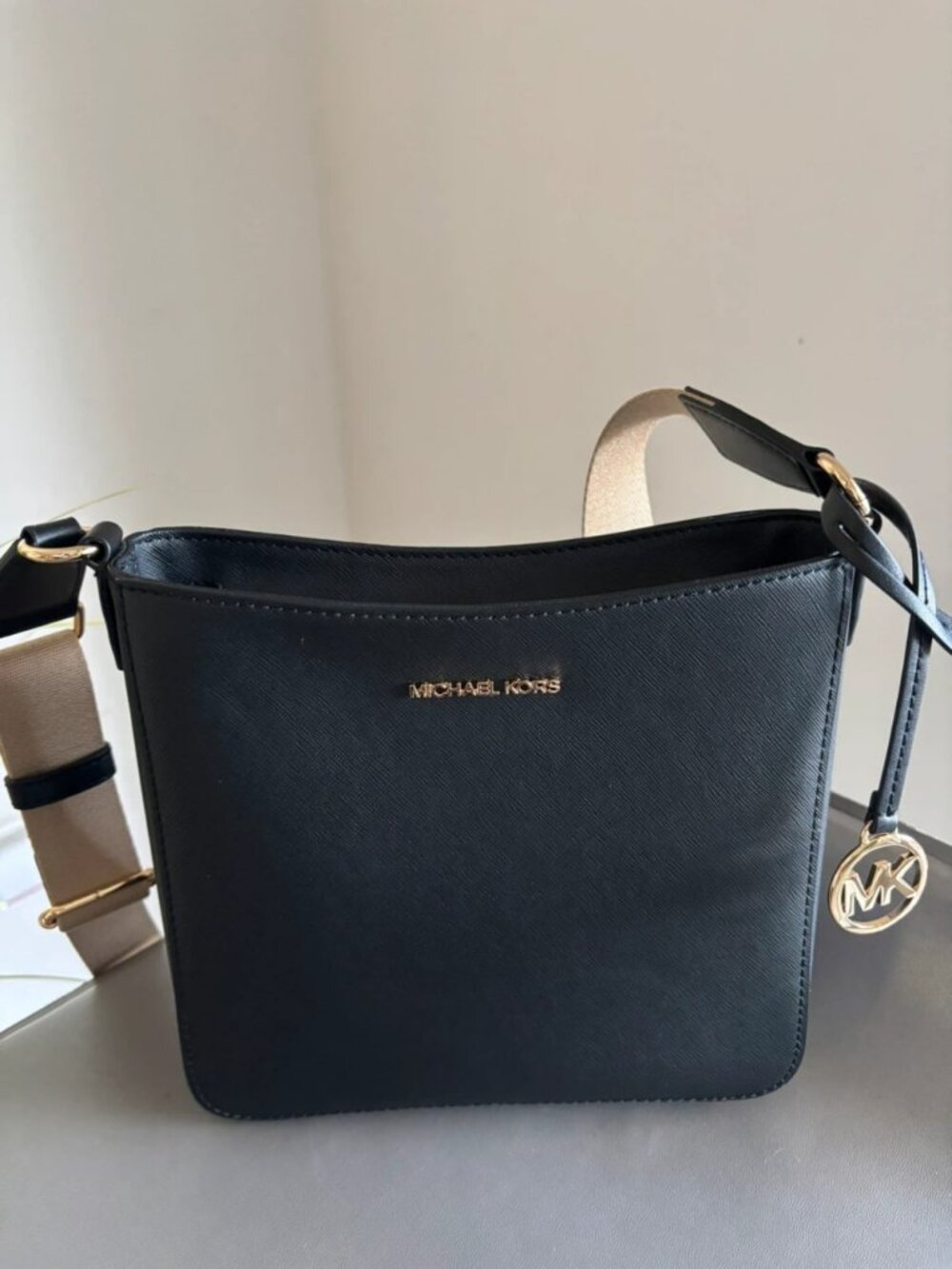 Michael Kors Black Saffiano Leather Shoulder Bag with Gold Tone Details